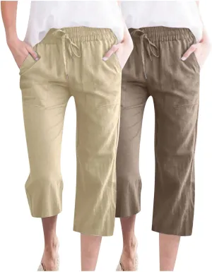 2025 2PC Women's Linen Capri Pants - Solid Drawstring Waist Wide Leg Casual Cropped Trousers with Pockets, Loose Fit