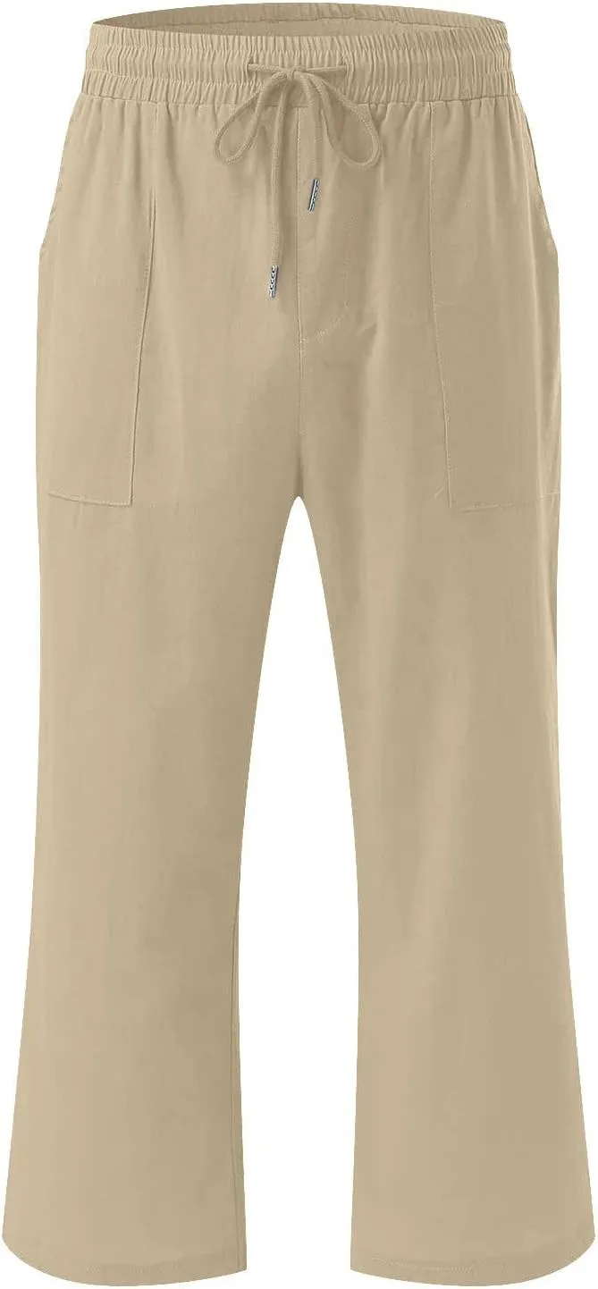 2025 2PC Women's Linen Capri Pants - Solid Drawstring Waist Wide Leg Casual Cropped Trousers with Pockets, Loose Fit
