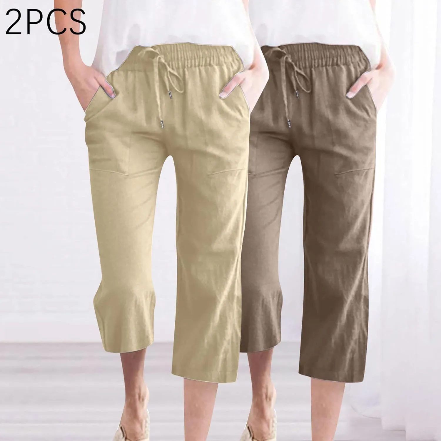 2025 2PC Women's Linen Capri Pants - Solid Drawstring Waist Wide Leg Casual Cropped Trousers with Pockets, Loose Fit