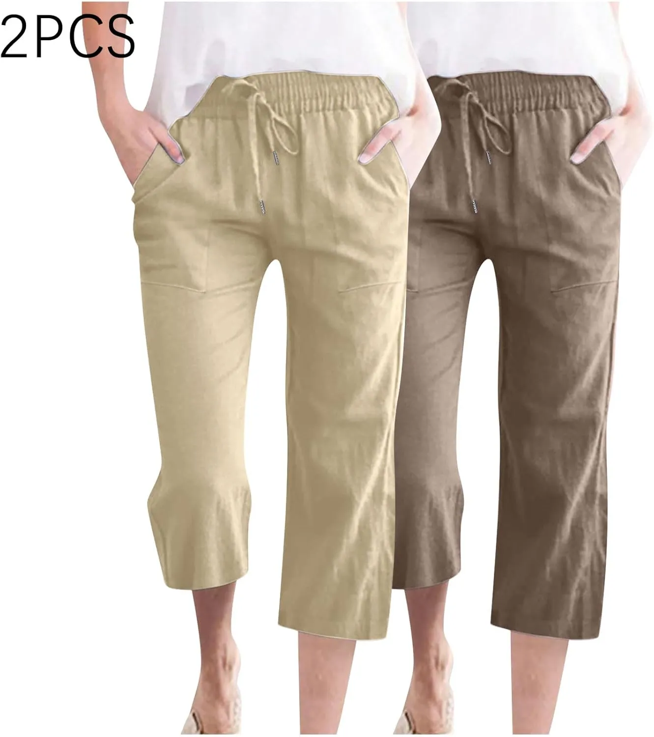 2025 2PC Women's Linen Capri Pants - Solid Drawstring Waist Wide Leg Casual Cropped Trousers with Pockets, Loose Fit