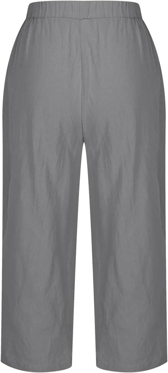 2025 Capri Linen Pants for Women Wide Leg Casual Summer Palazzo Pants High Waisted Beach Trousers with Pockets