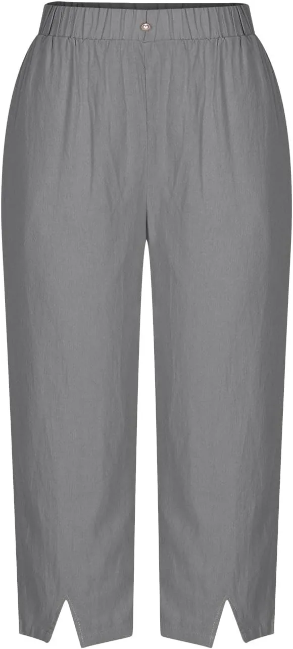 2025 Capri Linen Pants for Women Wide Leg Casual Summer Palazzo Pants High Waisted Beach Trousers with Pockets