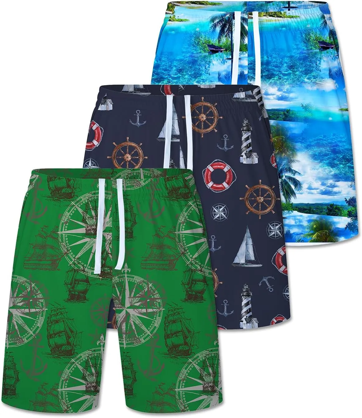 2/3/4 Pack Men's Beach Shorts Casual 9" Inseam Elastic Waist Drawstring Quick Dry Board Shorts with Pockets