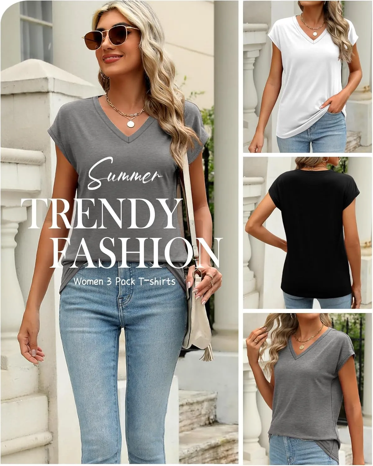 3 Pack Women's Cap Sleeve T Shirts Cotton V Neck Tops Loose Fit Tshirts Soft Basic Casual Summer Tee