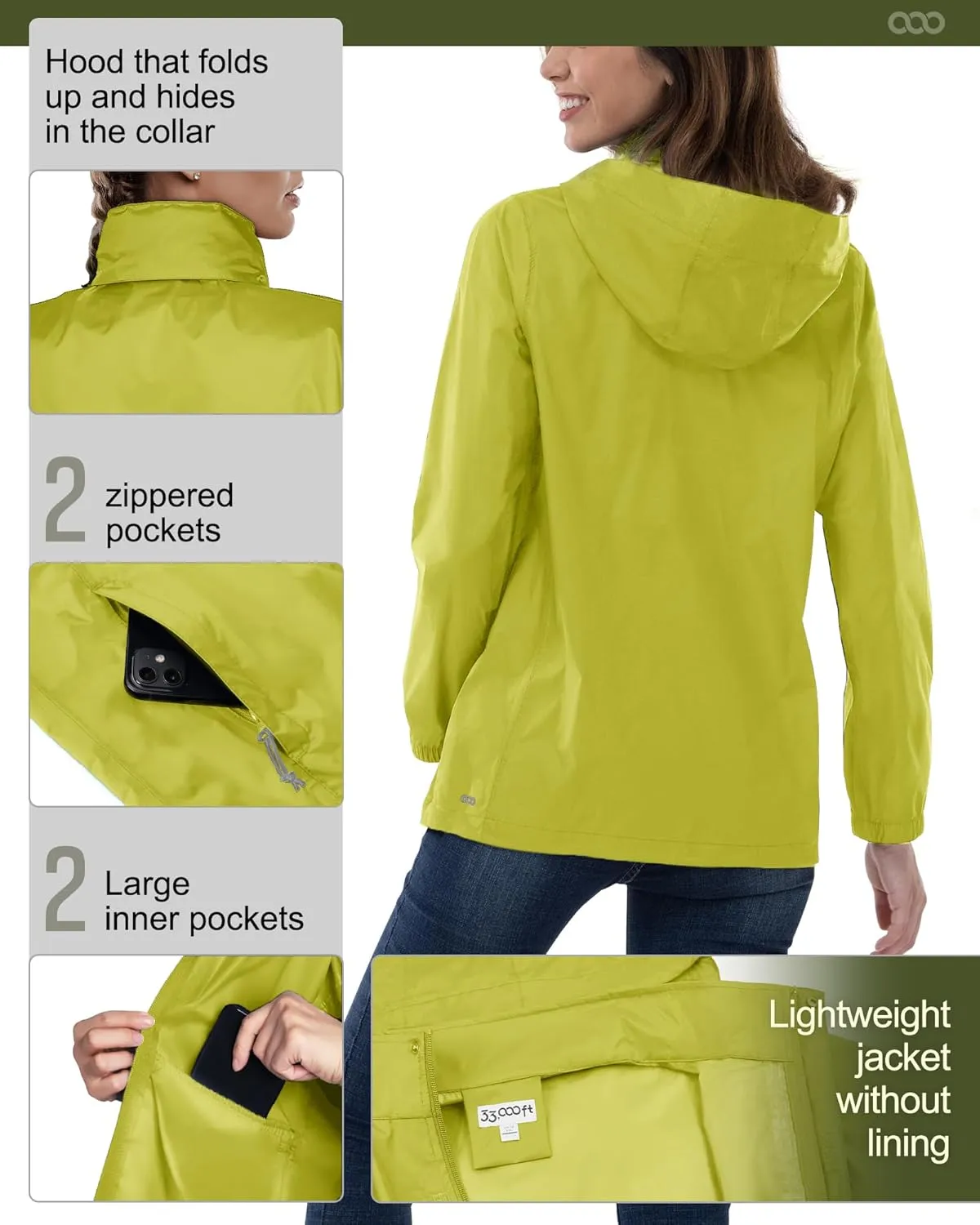 33,000ft Women's Rain Jacket Waterproof Lightweight Packable Raincoat with Hood for Golf Hiking Travel Windbreaker