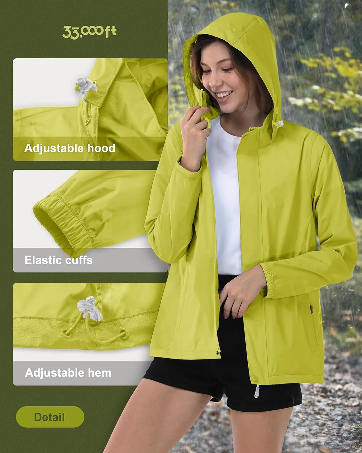 33,000ft Women's Rain Jacket Waterproof Lightweight Packable Raincoat with Hood for Golf Hiking Travel Windbreaker