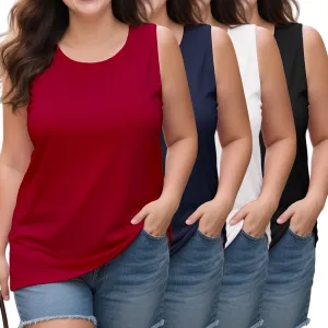 4 Pack Women's Cotton Plus Size Tank Tops, Scoop Neck Sleeveless Shirts Casual Summer Ladies Basic T-Shirts Tee