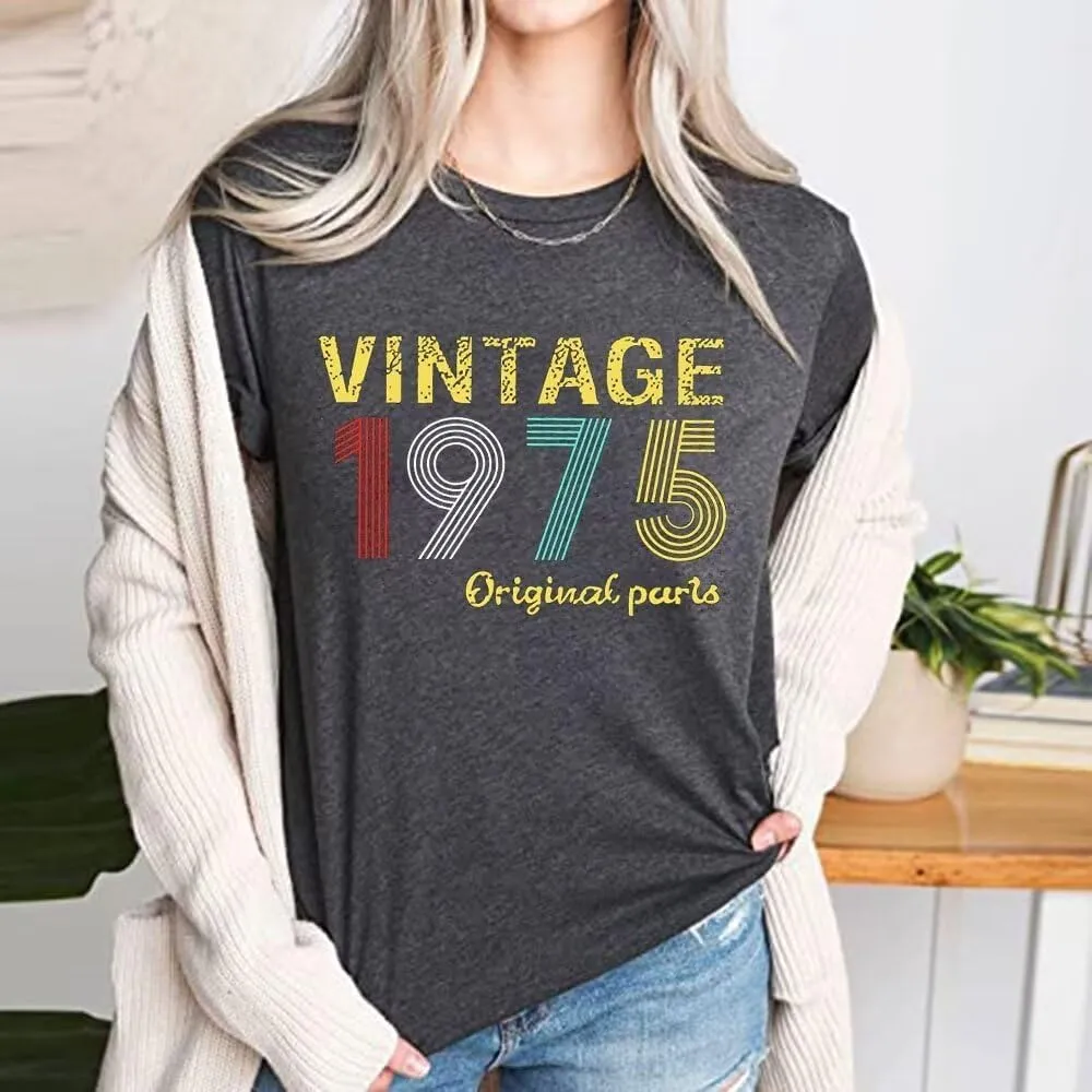 50th Birthday Gift Shirts Vintage 1975 Original Parts Tshirt for Women Letter Print Retro Birthday Casual Tee Tops