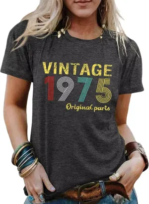 50th Birthday Gift Shirts Vintage 1975 Original Parts Tshirt for Women Letter Print Retro Birthday Casual Tee Tops