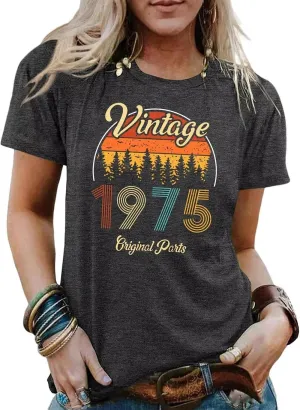 50th Birthday Gift Shirts Vintage 1975 Original Parts Tshirt for Women Letter Print Retro Birthday Casual Tee Tops