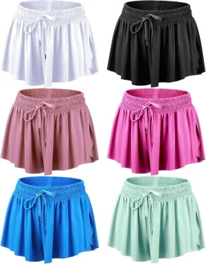6 Pcs 2 in 1 Flowy Running Shorts with Pockets Butterfly Gym Shorts Summer Women Workout Yoga