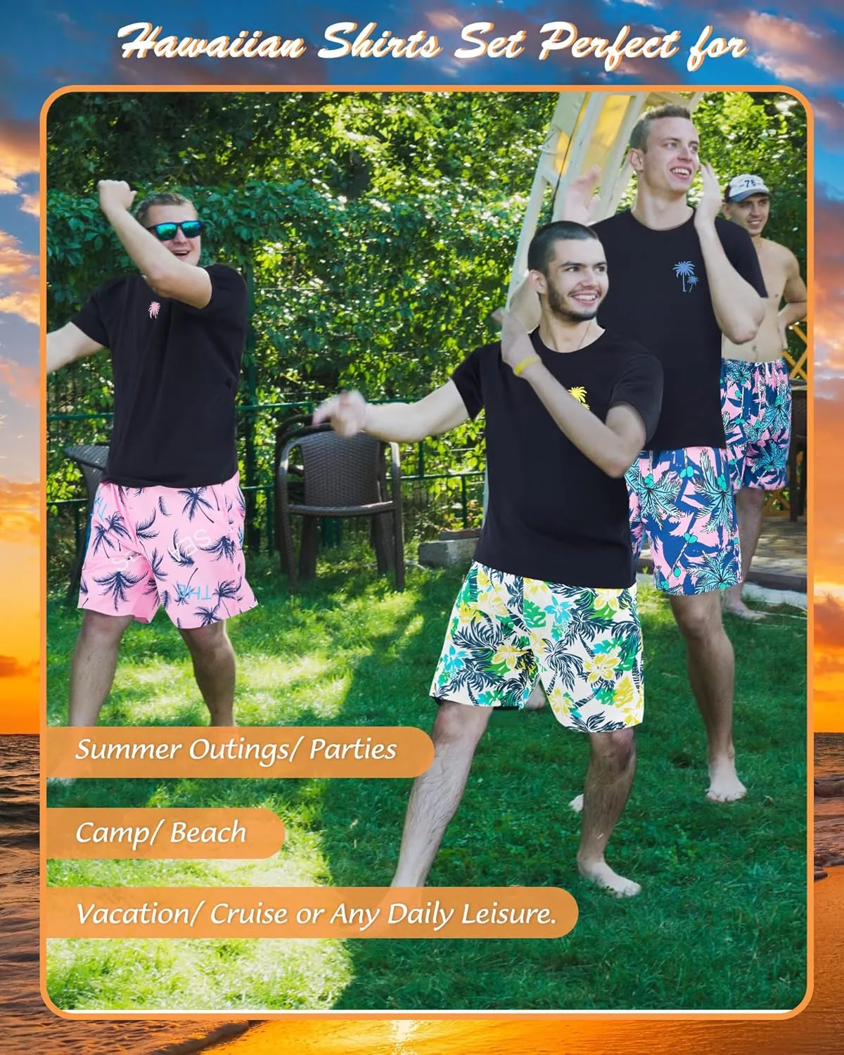 6 Pcs Men's Short Sleeve Set Men's Hawaiian Shorts Set Coconut Tree Graphic Shirts and Shorts Mens Vacation Outfit