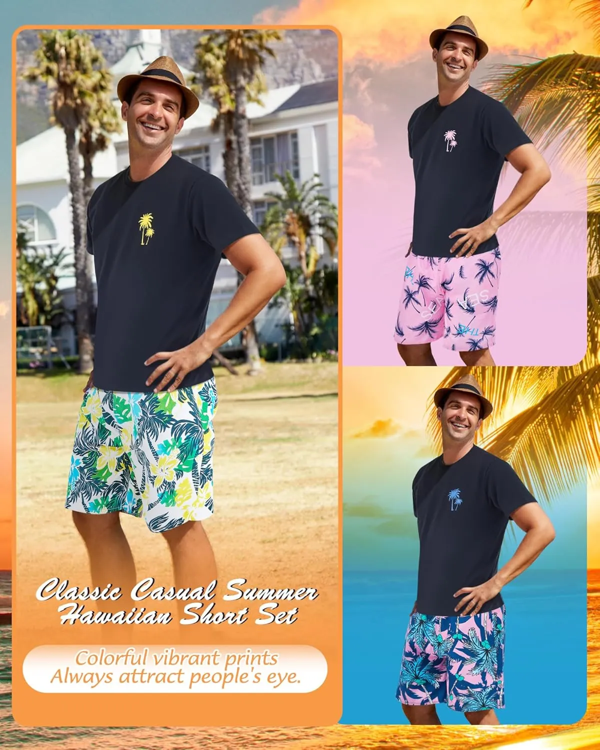 6 Pcs Men's Short Sleeve Set Men's Hawaiian Shorts Set Coconut Tree Graphic Shirts and Shorts Mens Vacation Outfit