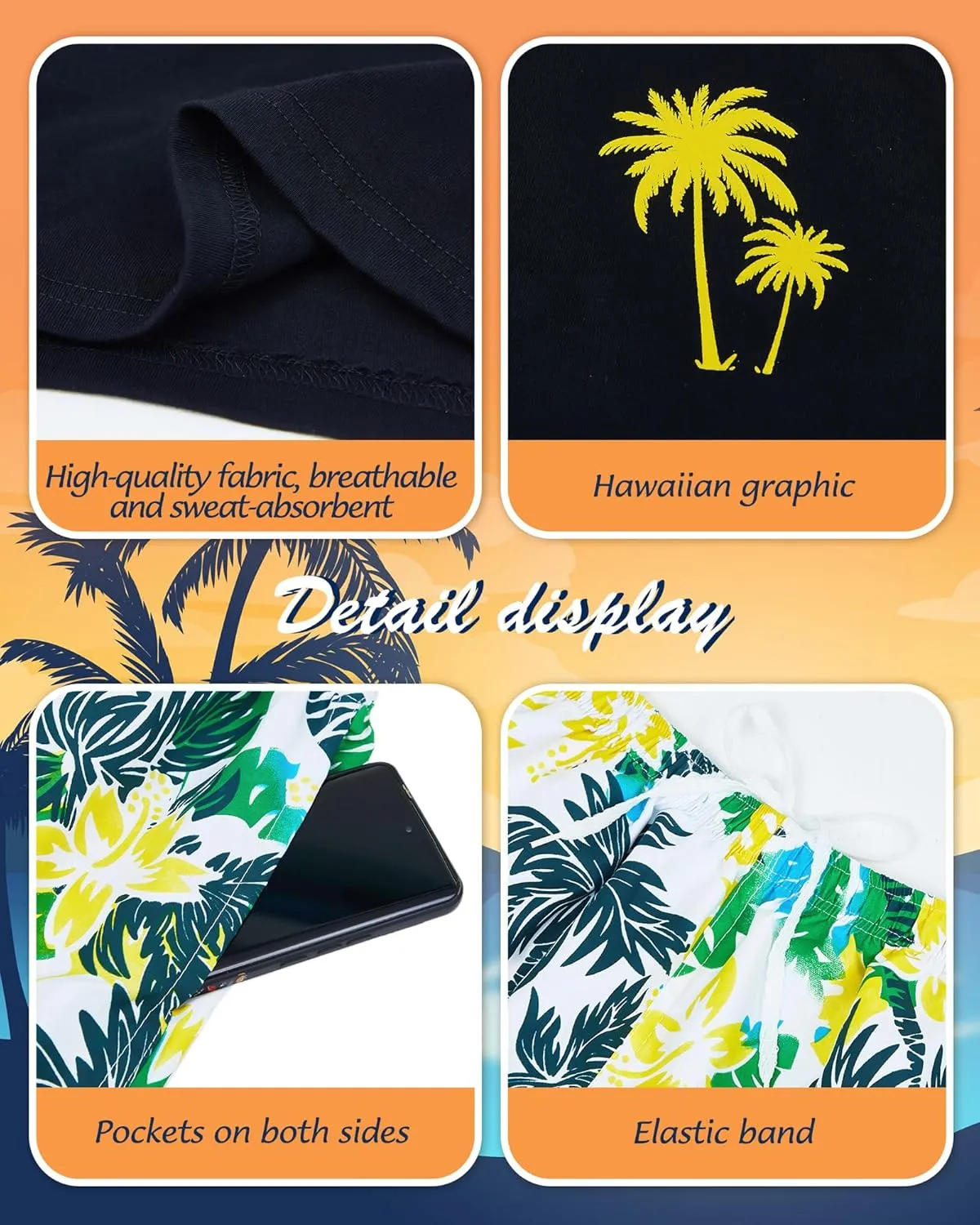 6 Pcs Men's Short Sleeve Set Men's Hawaiian Shorts Set Coconut Tree Graphic Shirts and Shorts Mens Vacation Outfit