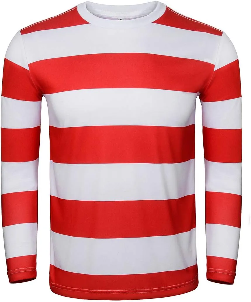 Adult Men Red and White Striped Tee Shirt Glasses Hat Outfit Suit Set Halloween Cosplay Costume Party Props