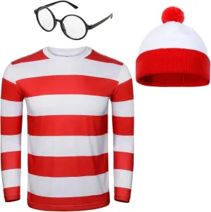 Adult Men Red and White Striped Tee Shirt Glasses Hat Outfit Suit Set Halloween Cosplay Costume Party Props