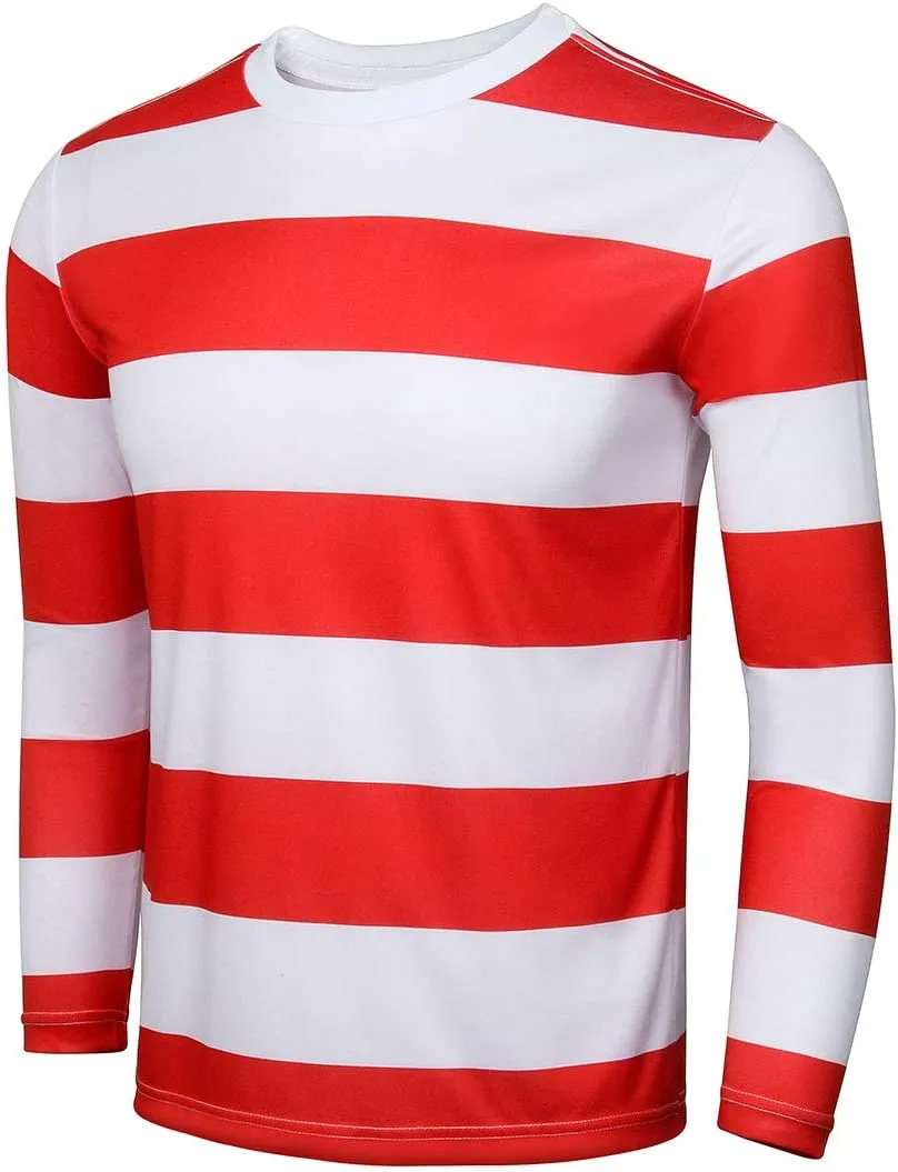 Adult Men Red and White Striped Tee Shirt Glasses Hat Outfit Suit Set Halloween Cosplay Costume Party Props