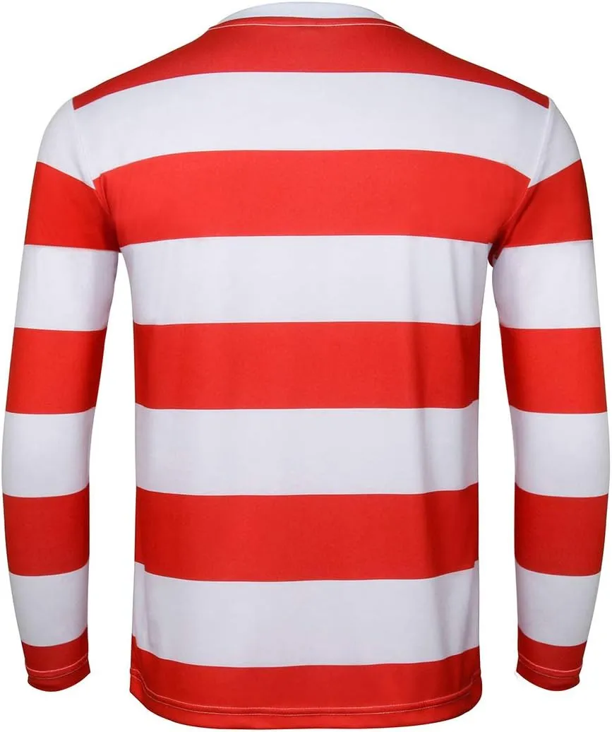 Adult Men Red and White Striped Tee Shirt Glasses Hat Outfit Suit Set Halloween Cosplay Costume Party Props