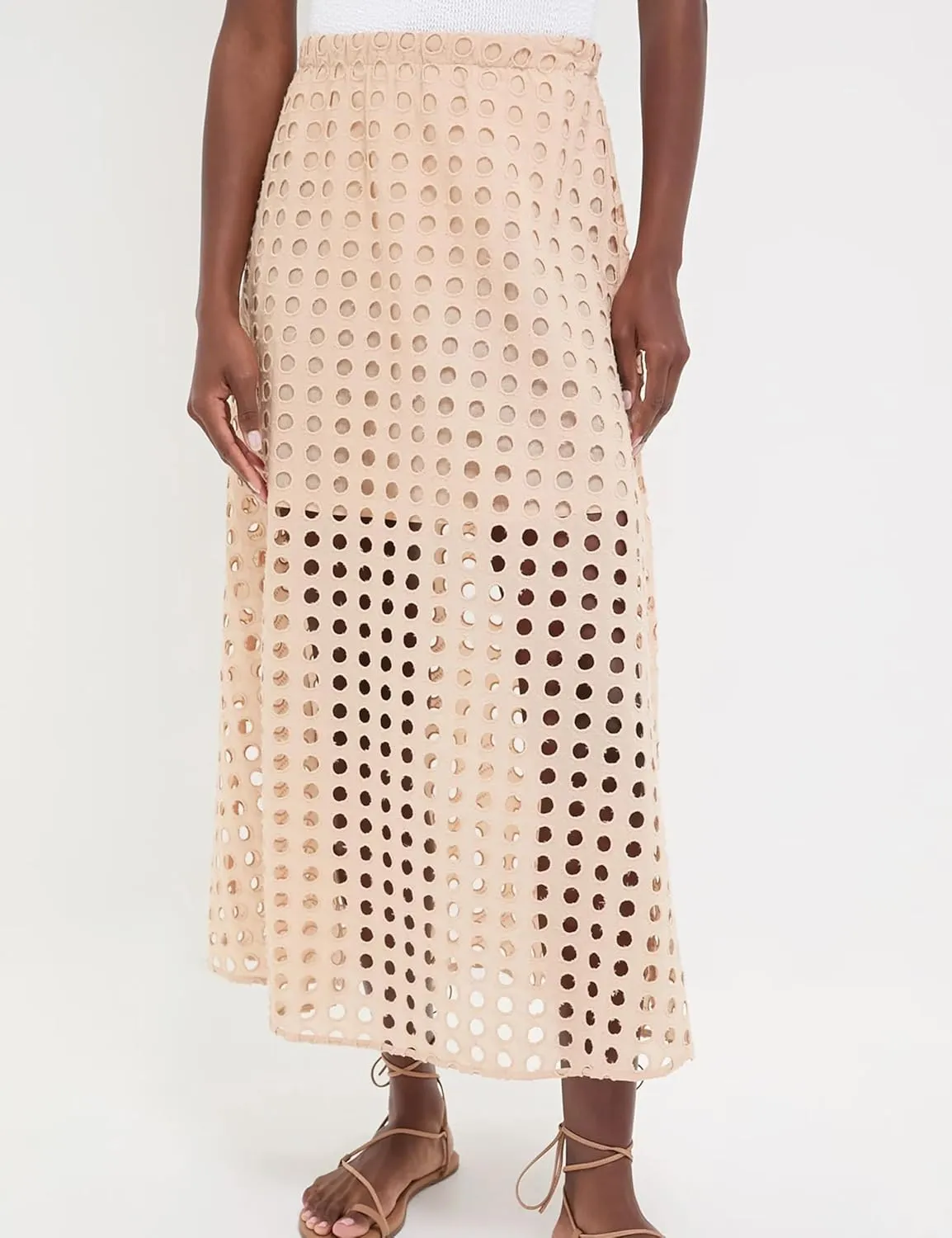 Ailoqing 2025 Summer Casual Long Skirt for Women Cotton Eyelet Beach Maxi Skirt with Underneath