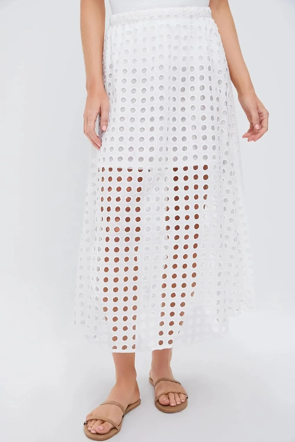 Ailoqing 2025 Summer Casual Long Skirt for Women Cotton Eyelet Beach Maxi Skirt with Underneath