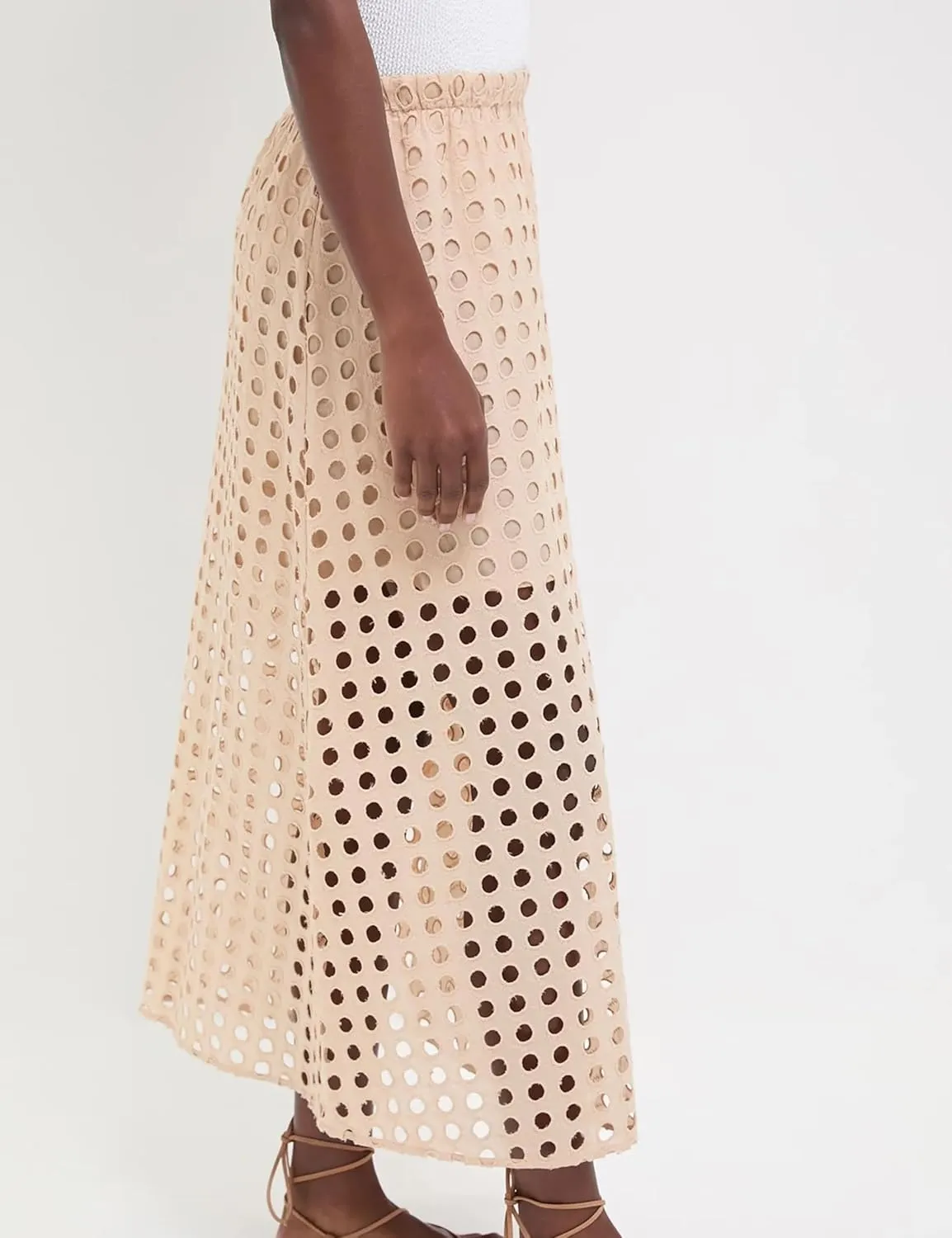 Ailoqing 2025 Summer Casual Long Skirt for Women Cotton Eyelet Beach Maxi Skirt with Underneath