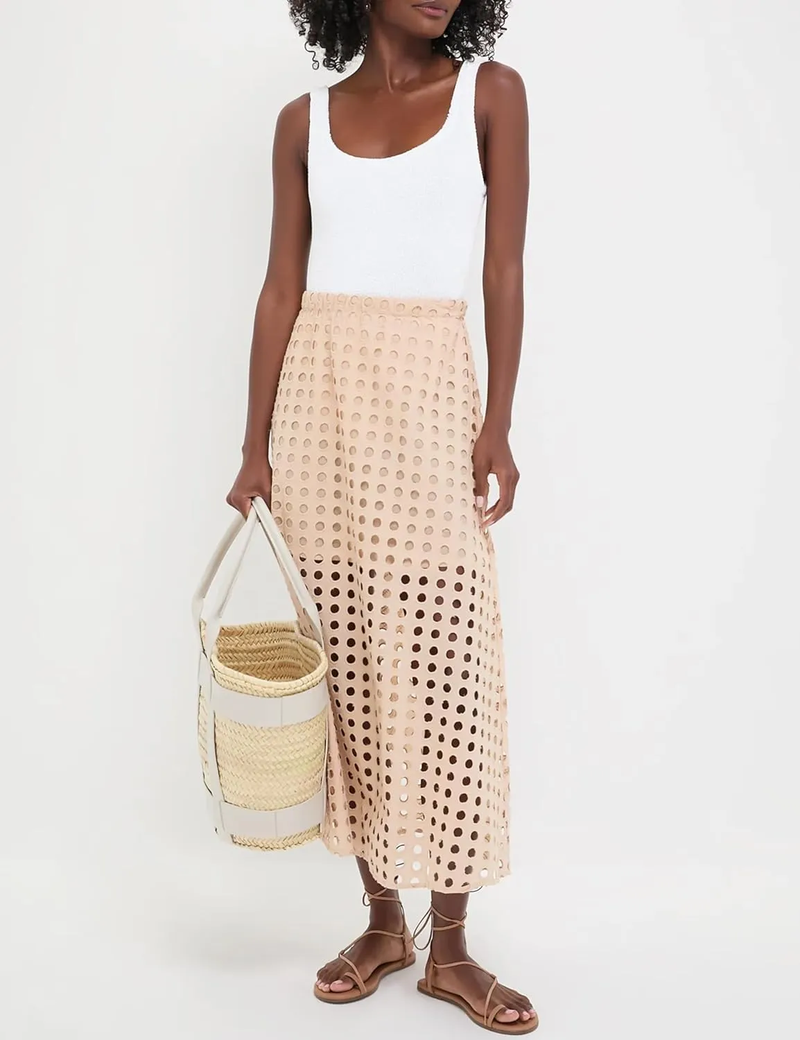 Ailoqing 2025 Summer Casual Long Skirt for Women Cotton Eyelet Beach Maxi Skirt with Underneath