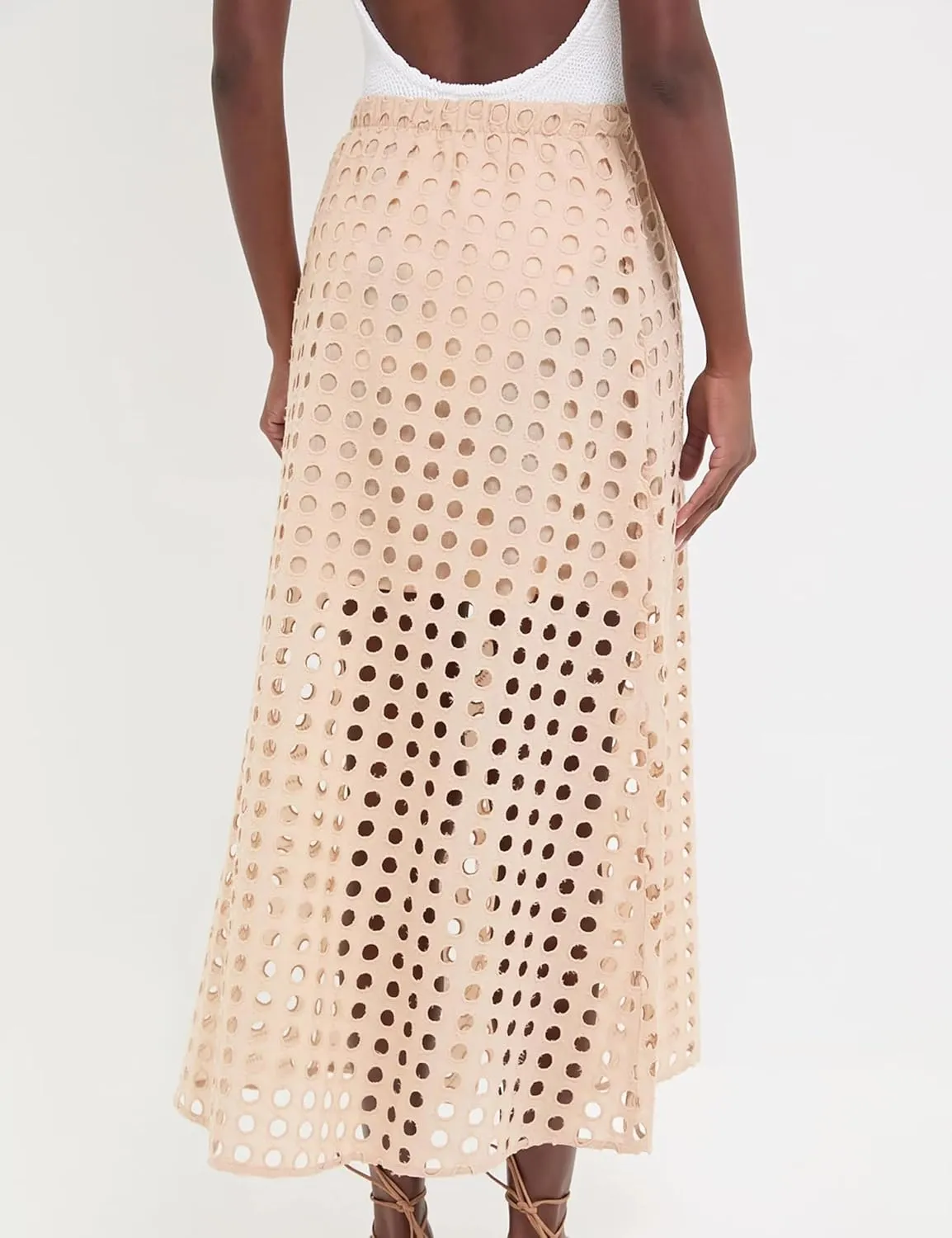 Ailoqing 2025 Summer Casual Long Skirt for Women Cotton Eyelet Beach Maxi Skirt with Underneath