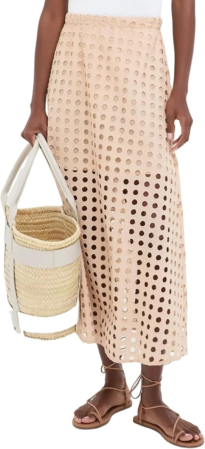 Ailoqing 2025 Summer Casual Long Skirt for Women Cotton Eyelet Beach Maxi Skirt with Underneath