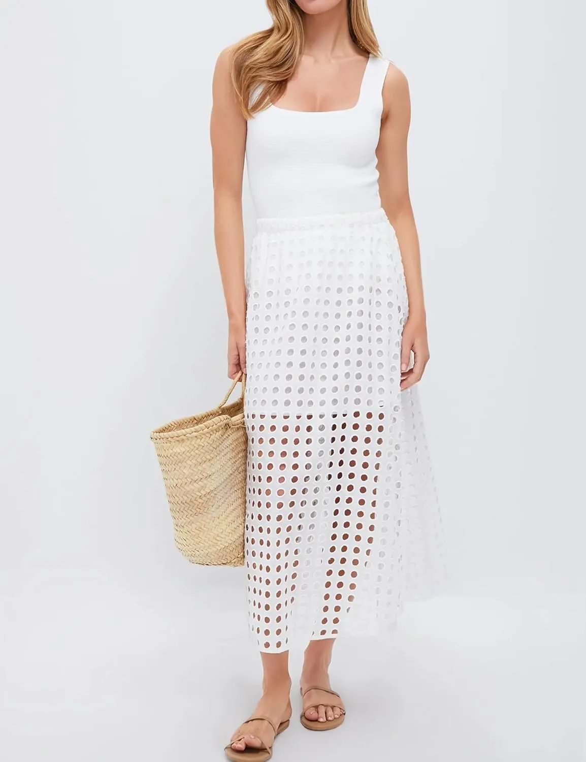 Ailoqing 2025 Summer Casual Long Skirt for Women Cotton Eyelet Beach Maxi Skirt with Underneath