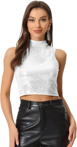 Allegra K Metallic Crop Top for Women's Sleeveless Sparkly Sequin Tops