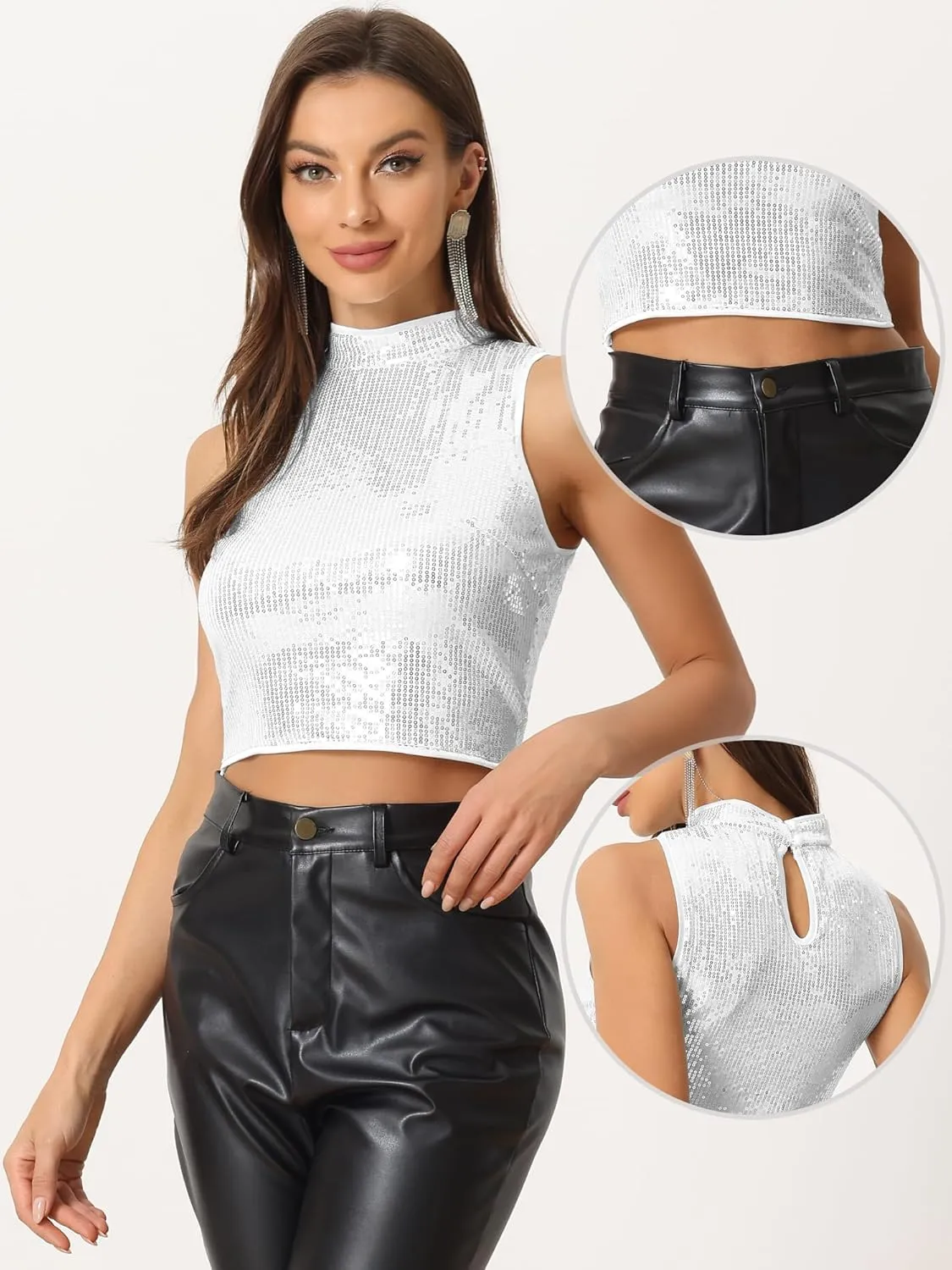 Allegra K Metallic Crop Top for Women's Sleeveless Sparkly Sequin Tops
