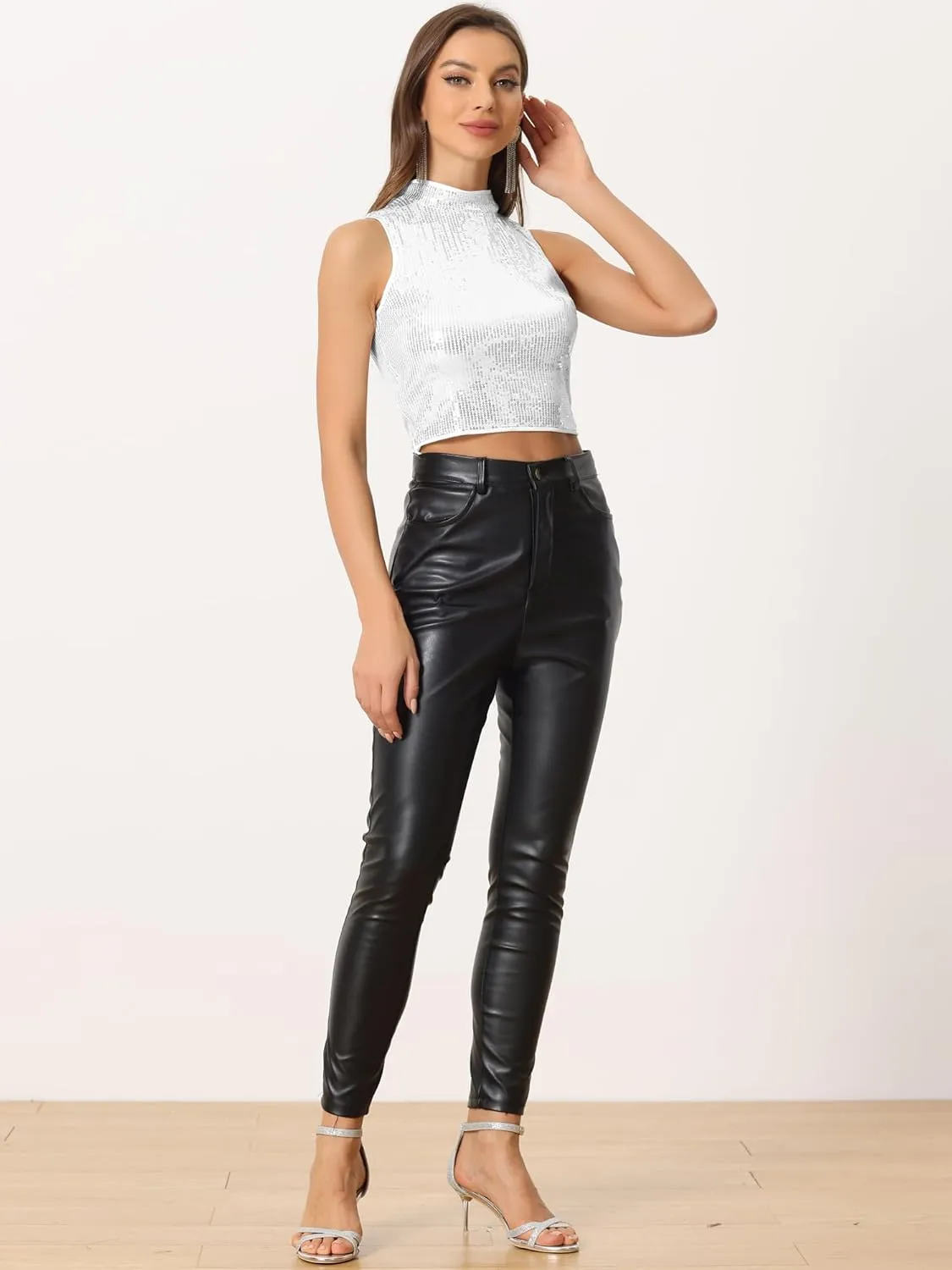 Allegra K Metallic Crop Top for Women's Sleeveless Sparkly Sequin Tops