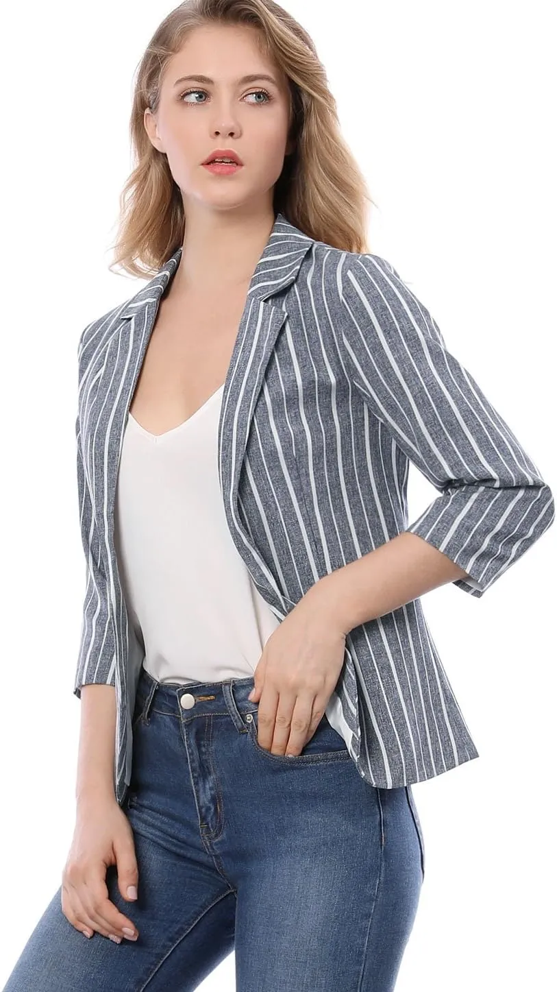 Allegra K Women's Striped Open Front Work Office 3/4 Sleeves Casual Notched Lapel Blazer