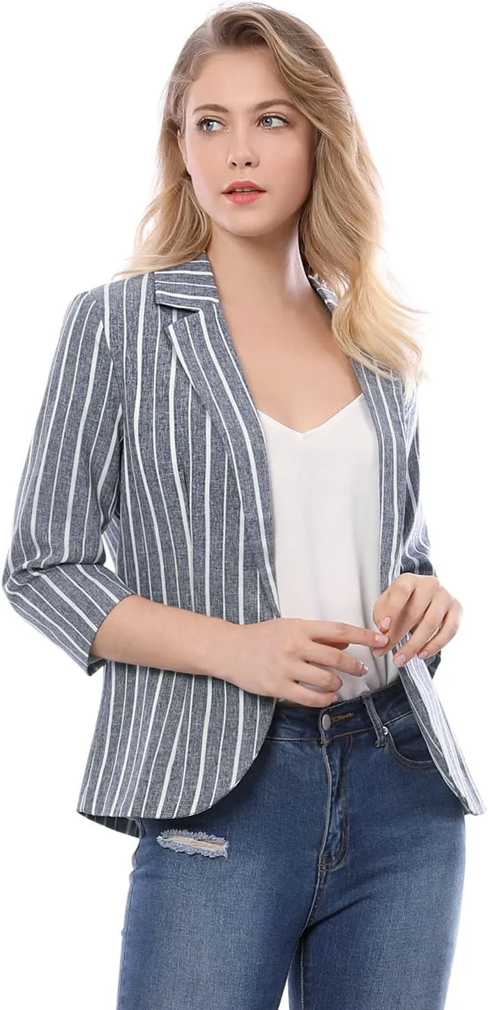 Allegra K Women's Striped Open Front Work Office 3/4 Sleeves Casual Notched Lapel Blazer