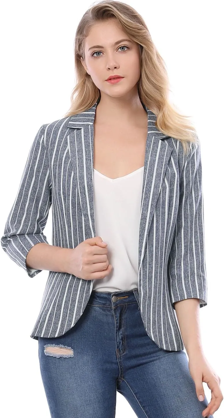 Allegra K Women's Striped Open Front Work Office 3/4 Sleeves Casual Notched Lapel Blazer