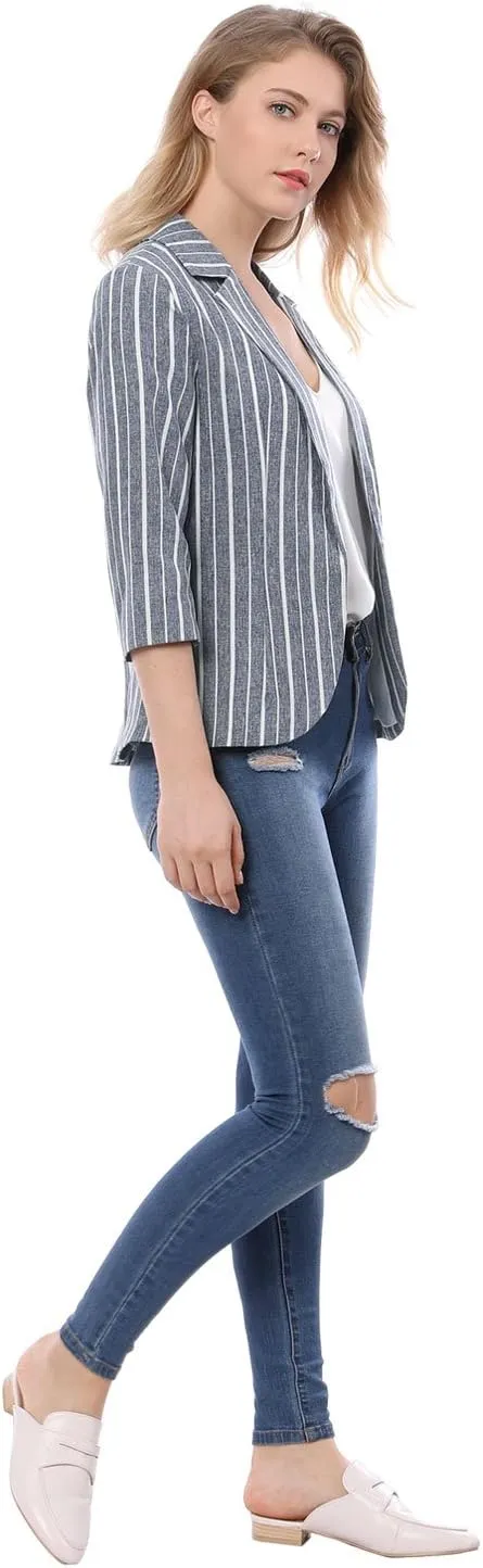Allegra K Women's Striped Open Front Work Office 3/4 Sleeves Casual Notched Lapel Blazer