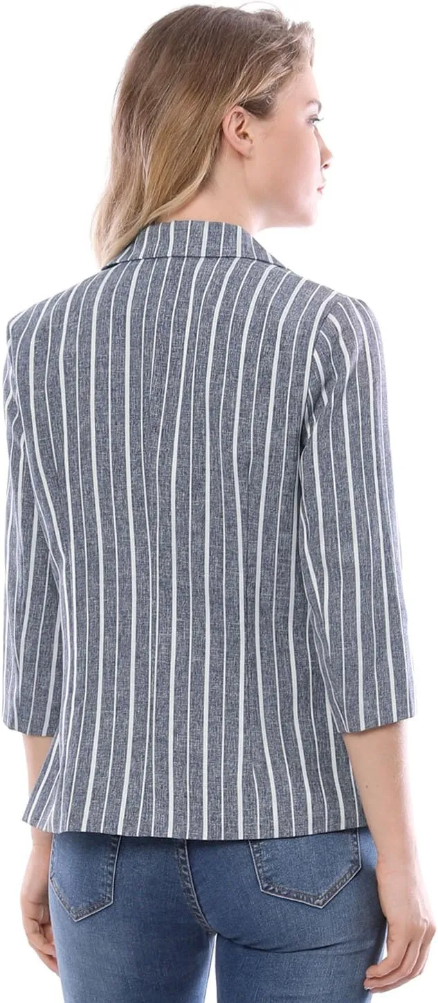 Allegra K Women's Striped Open Front Work Office 3/4 Sleeves Casual Notched Lapel Blazer