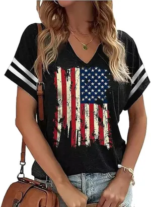 American Flag Shirts Women 4th of July V-Neck Short Sleeve Patriotic T-Shirt Memorial Day Graphic Tee Independence Day Tops