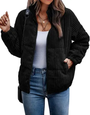 Angashion Women's Bomber Jacket Corduroy Ribbed Quilted Zip Up Long Sleeve Winter Coat Fall Outerwear Tops with Pockets