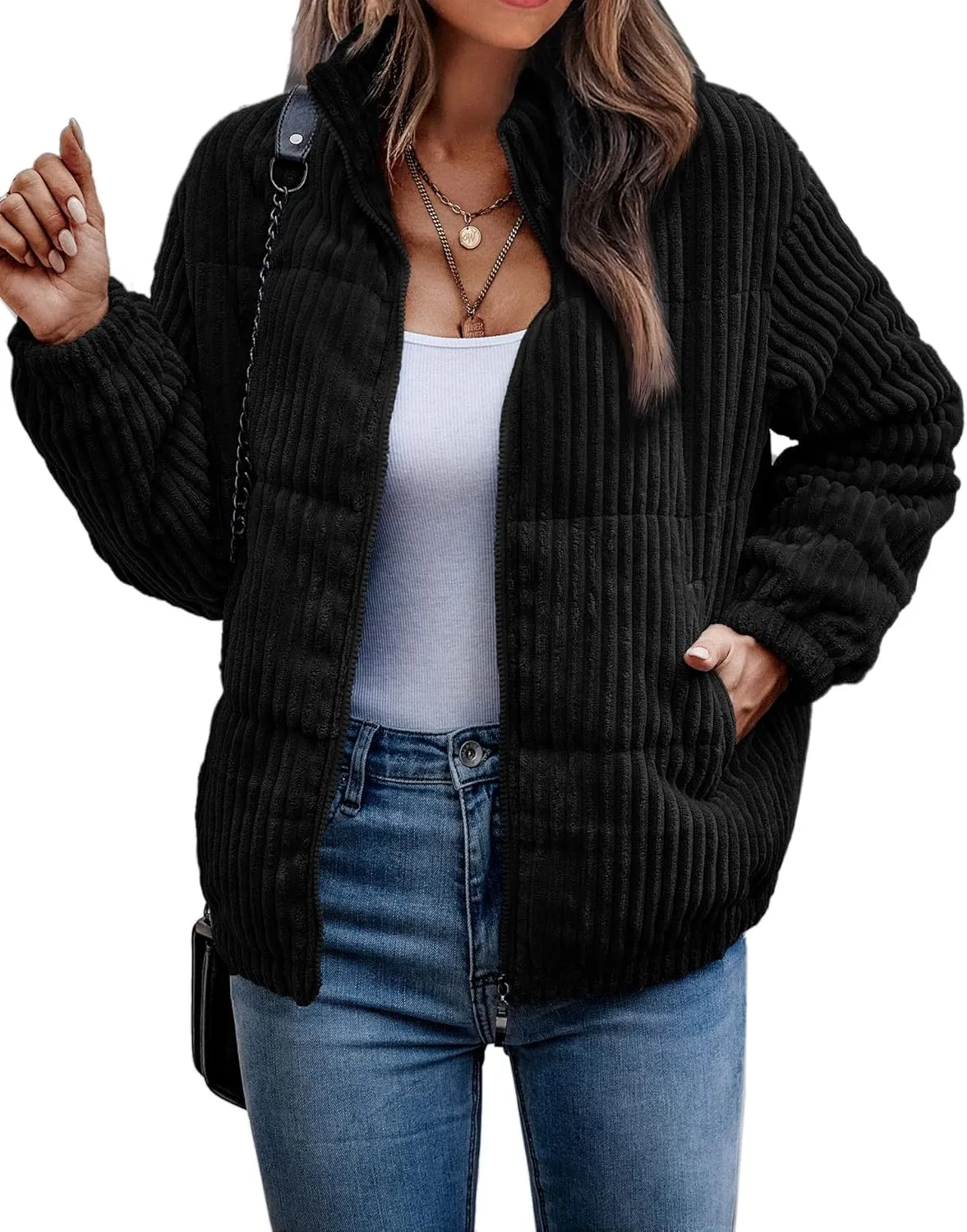 Angashion Women's Bomber Jacket Corduroy Ribbed Quilted Zip Up Long Sleeve Winter Coat Fall Outerwear Tops with Pockets