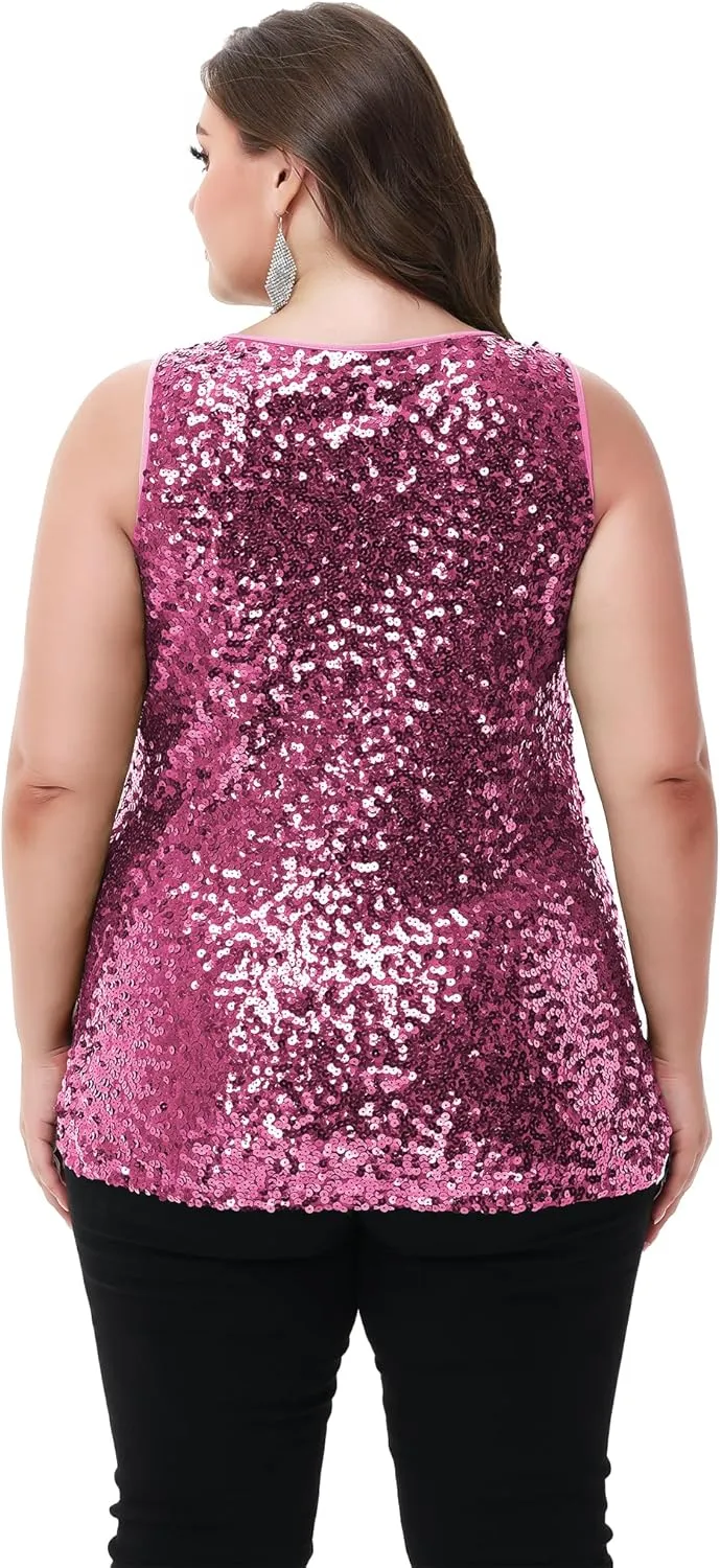 Anna-Kaci Womens Plus Size Sleeveless Sequin Tops Sparkle Shine Tank Top