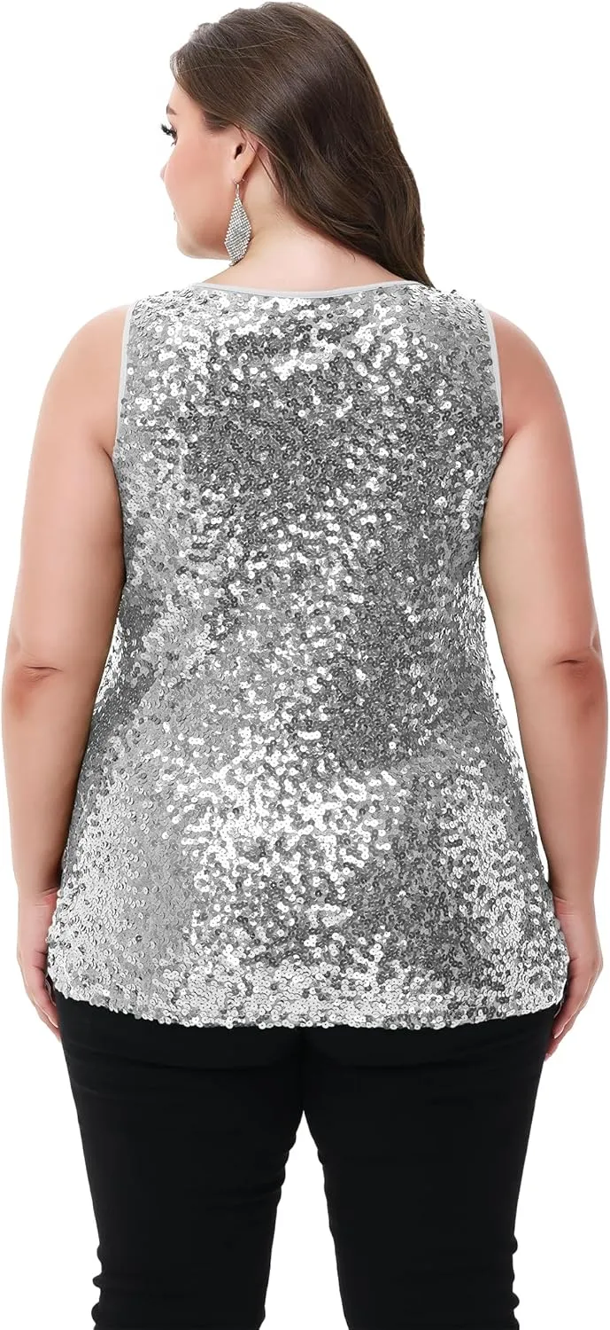 Anna-Kaci Womens Plus Size Sleeveless Sequin Tops Sparkle Shine Tank Top