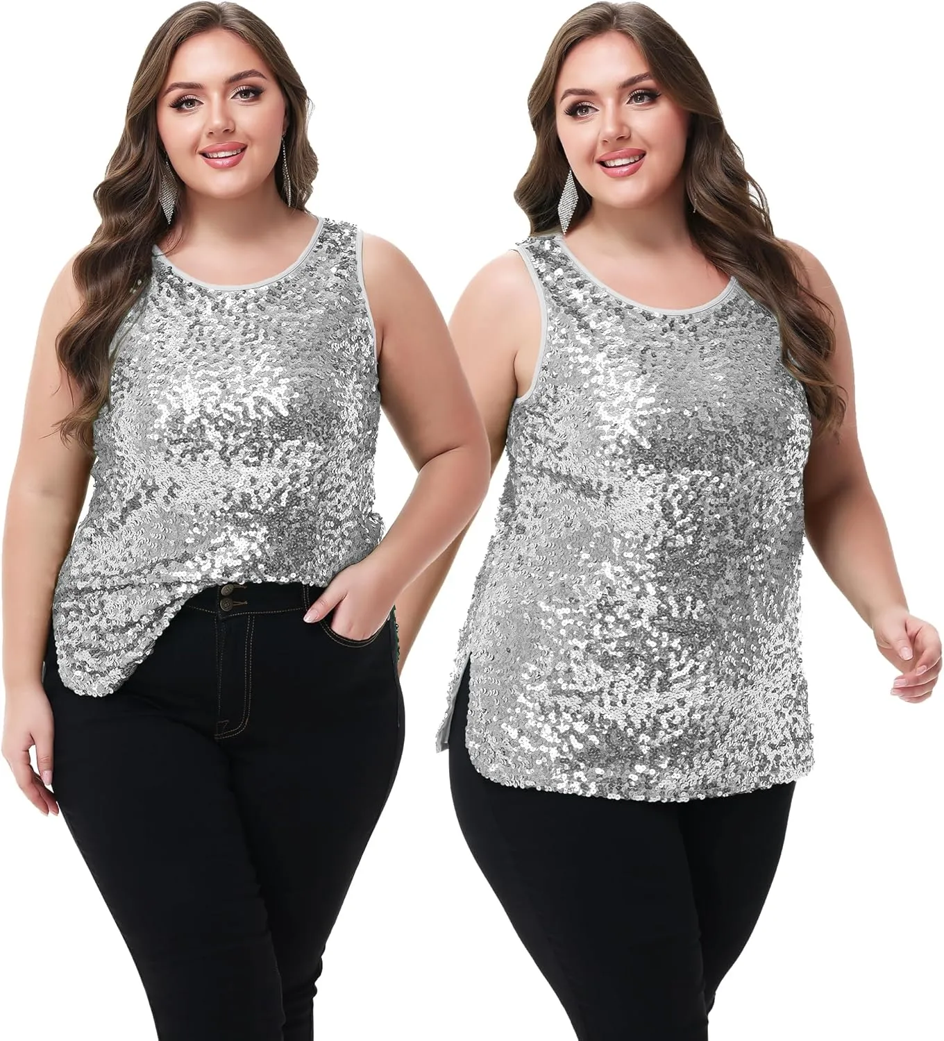 Anna-Kaci Womens Plus Size Sleeveless Sequin Tops Sparkle Shine Tank Top