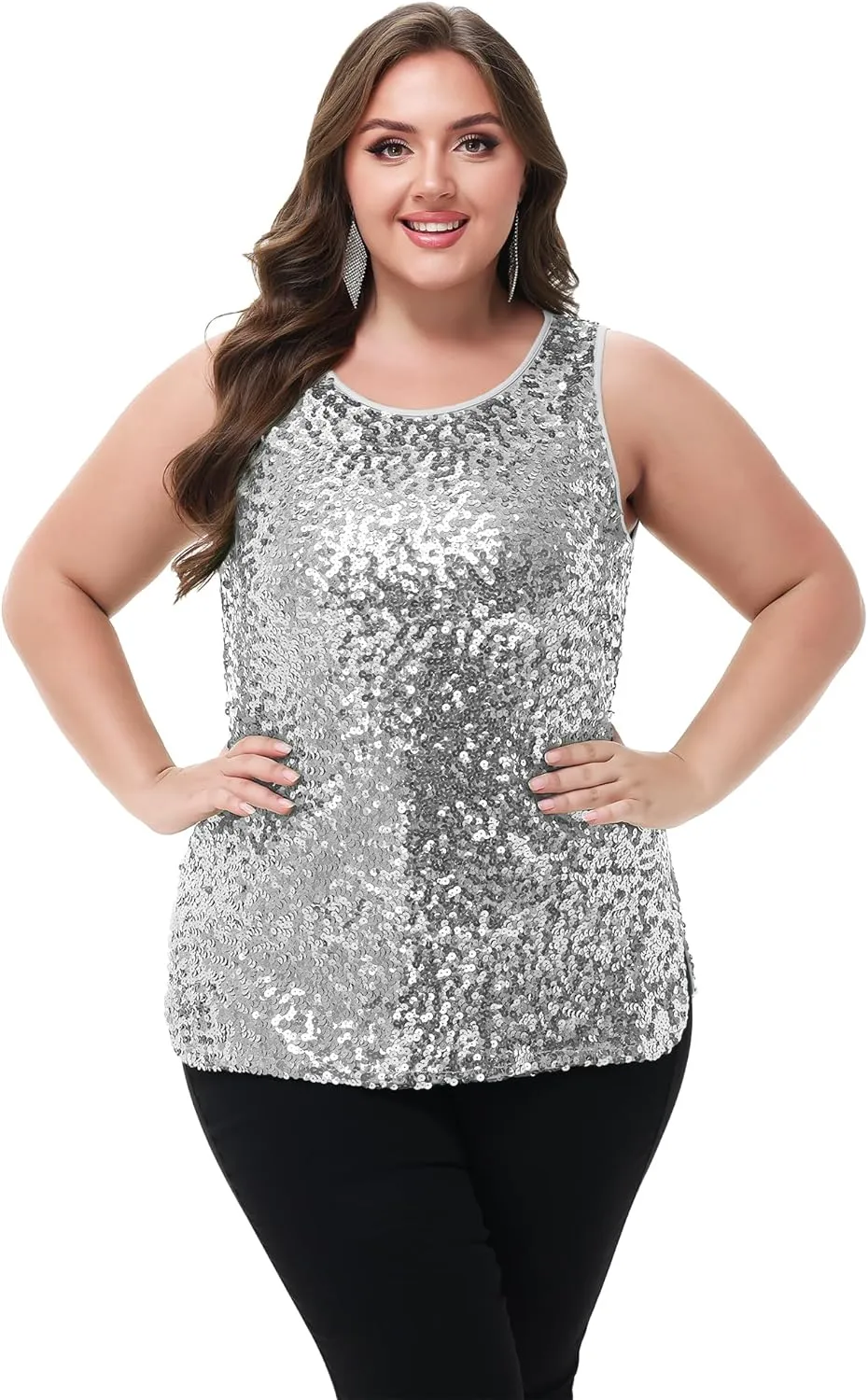 Anna-Kaci Womens Plus Size Sleeveless Sequin Tops Sparkle Shine Tank Top