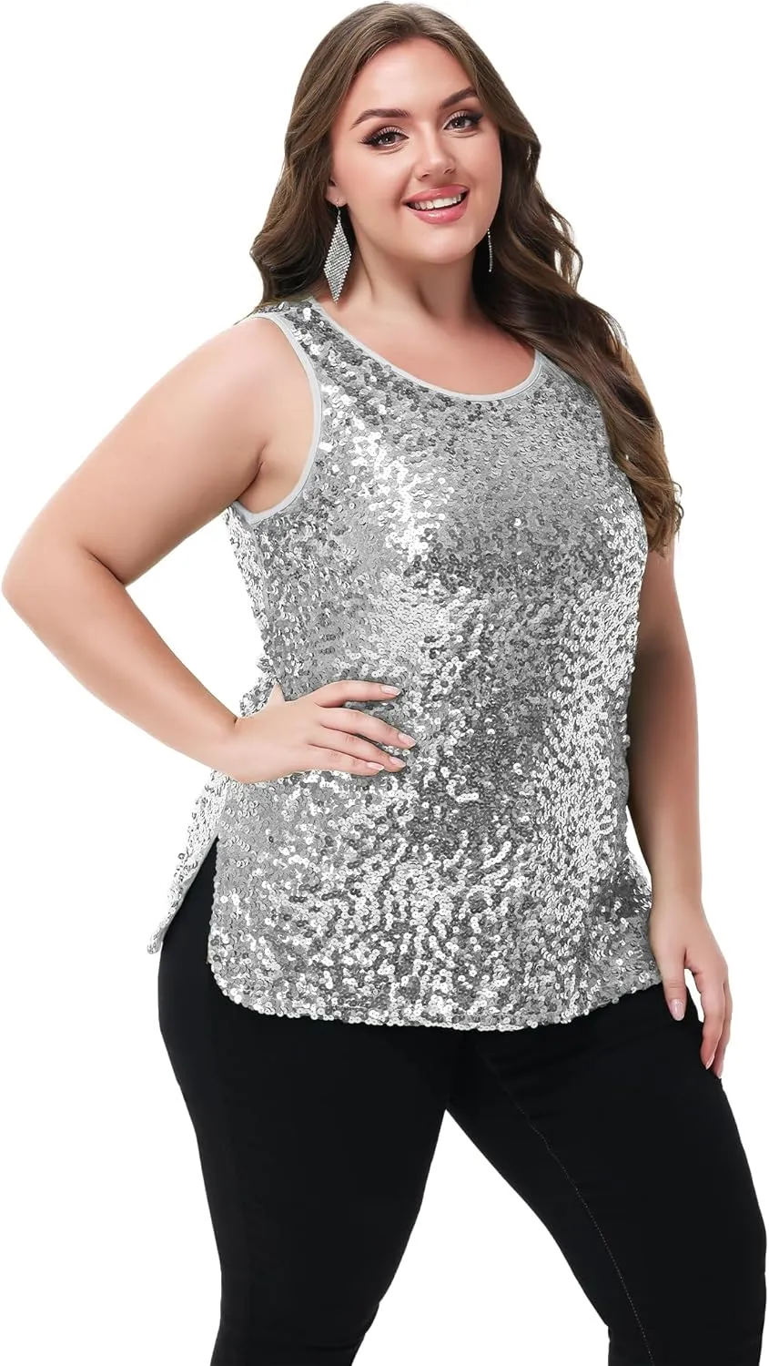 Anna-Kaci Womens Plus Size Sleeveless Sequin Tops Sparkle Shine Tank Top