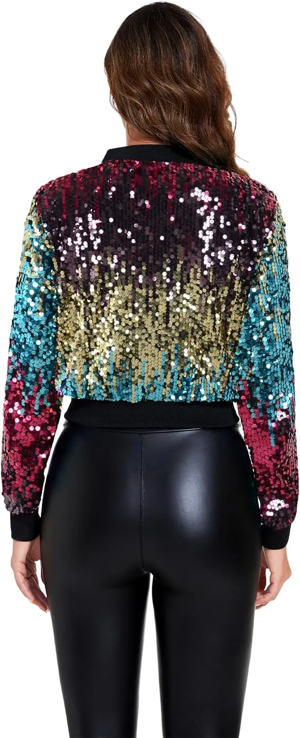 Anna-Kaci Women's Sparkly Sequin Cropped Jacket Long Sleeve Zipper Up Party Club Bomber Jacket