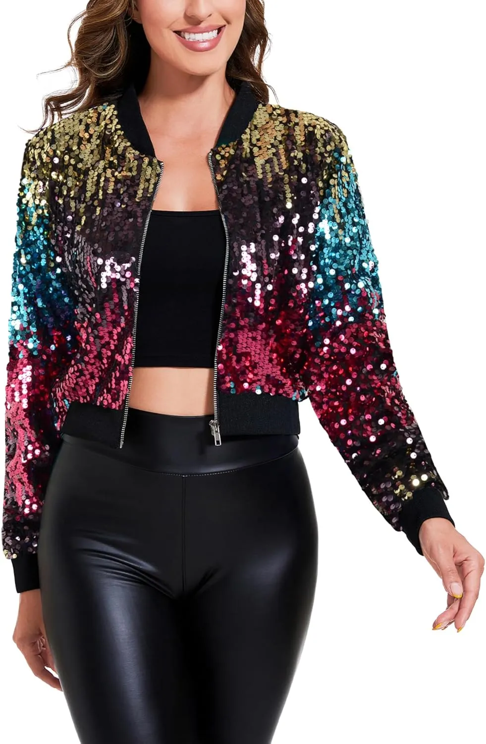 Anna-Kaci Women's Sparkly Sequin Cropped Jacket Long Sleeve Zipper Up Party Club Bomber Jacket