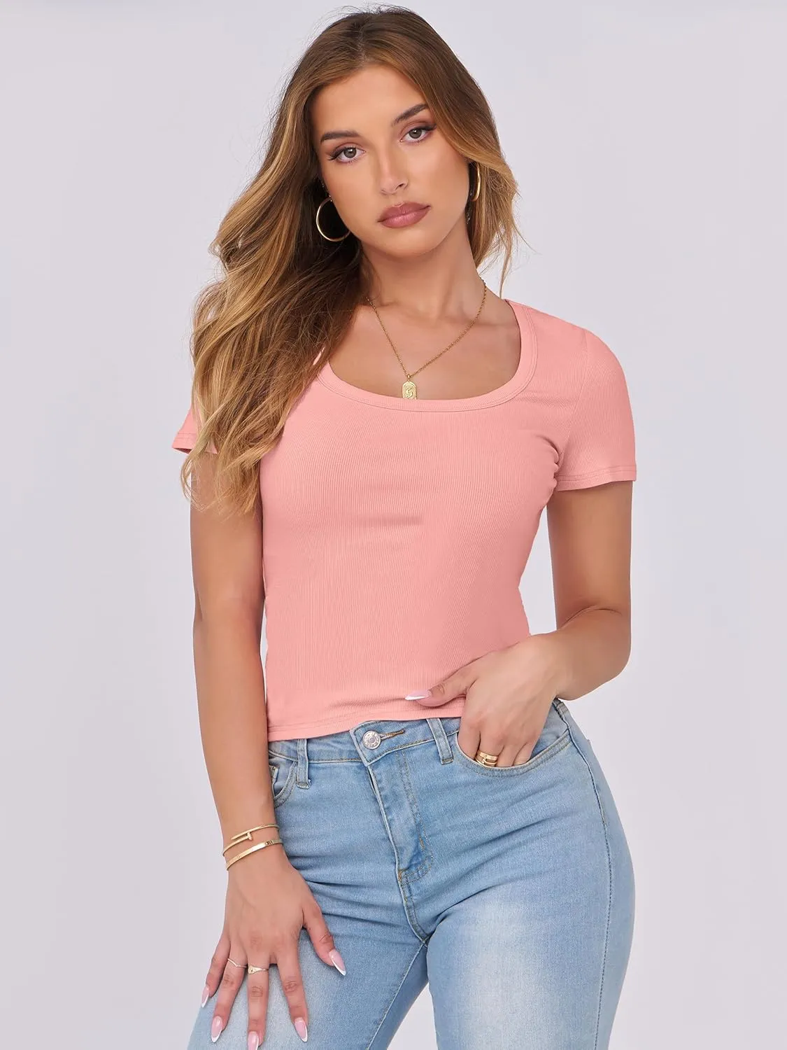 ANRABESS Women Short Sleeve Tops Scoop Neck Ribbed Knit Slim Fitted Basic Tee Shirts 2025 Casual Summer Trendy Clothes