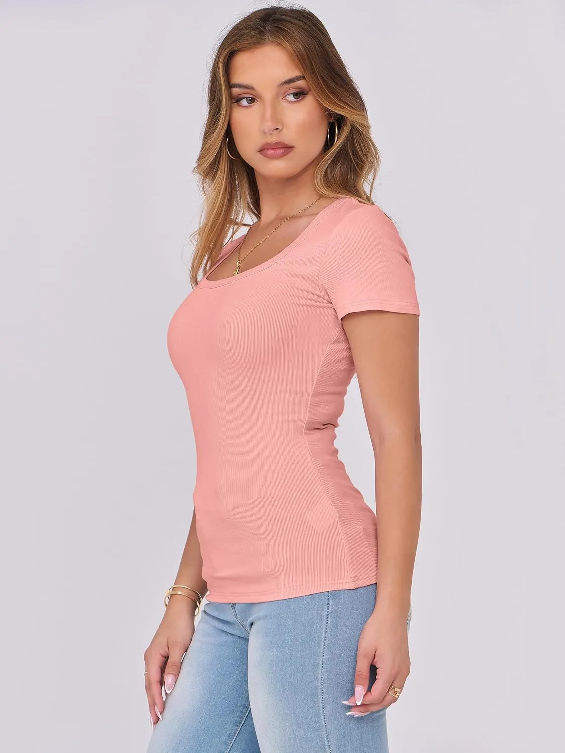 ANRABESS Women Short Sleeve Tops Scoop Neck Ribbed Knit Slim Fitted Basic Tee Shirts 2025 Casual Summer Trendy Clothes