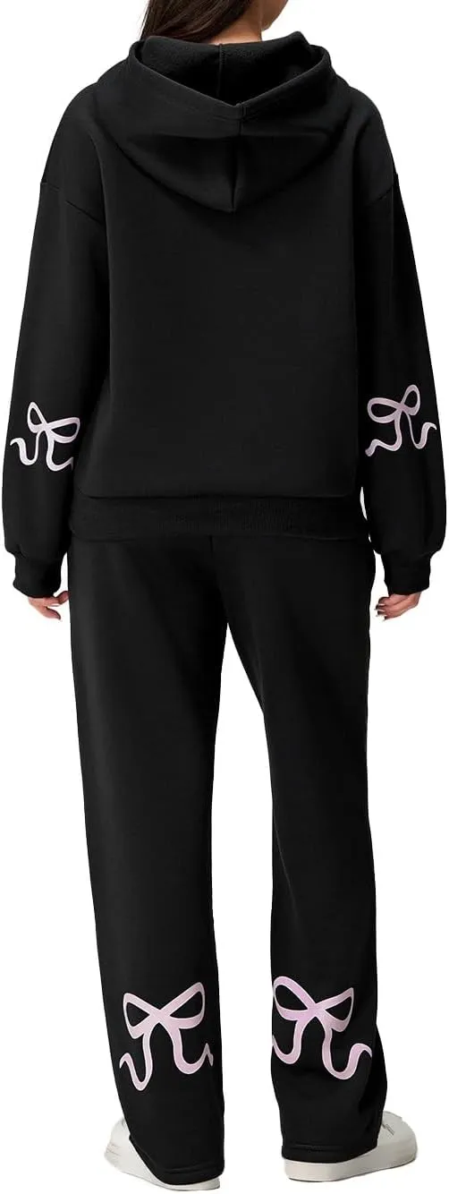 Aonoapll Bow Hoodie Sweatsuit Set for Women Oversized Hooded Sweatshirt Sweatpants Bow Print Matching 2 Piece Sweat Sets